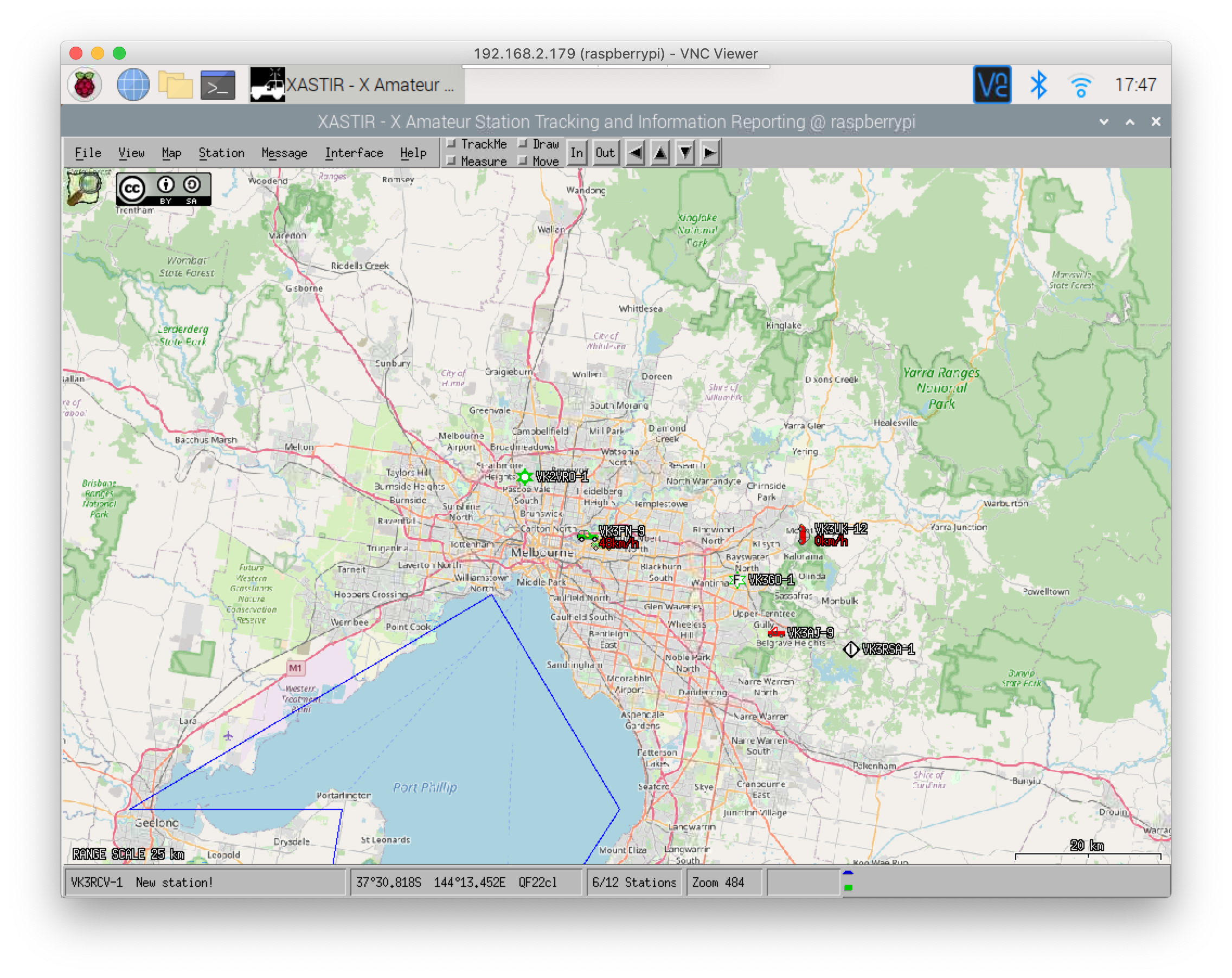 Picture of screen showing logged stations on a map of greater Melbourne